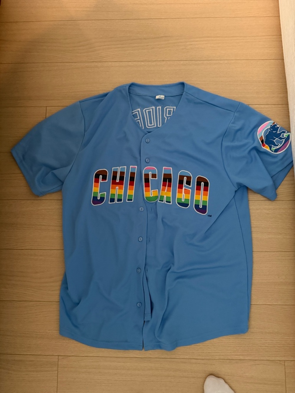 Chicago Rainbow Lettering Men's Baseball Jersey - Light Blue